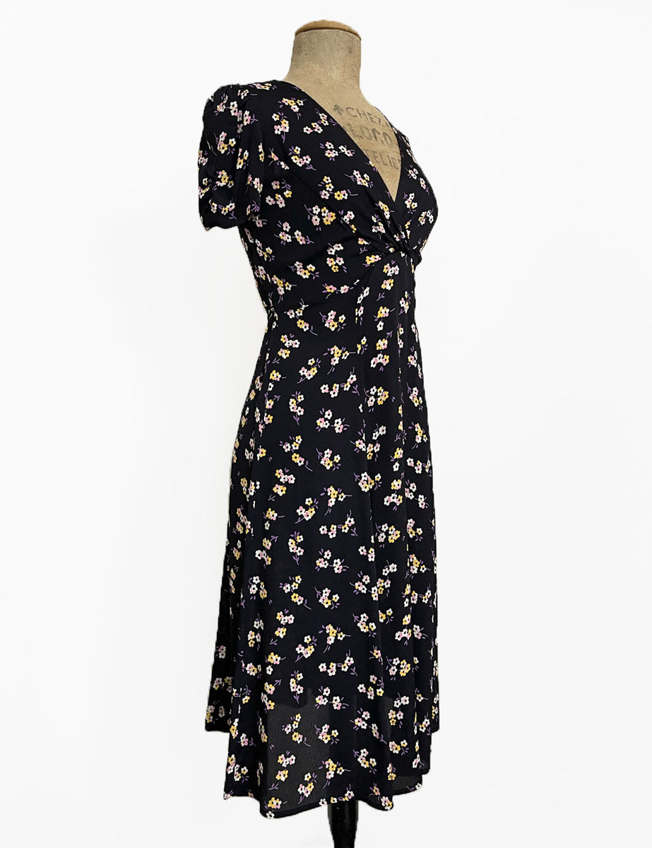 Black Sweet Floral Vintage Inspired Knee Length Rita Dress Loco Lindo 6859
