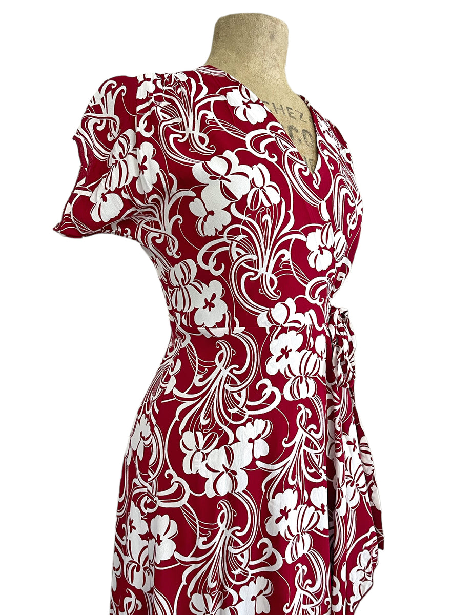 Cranberry Regency Floral Vintage Inspired Cascade Wrap Dress Loco Lindo 7952