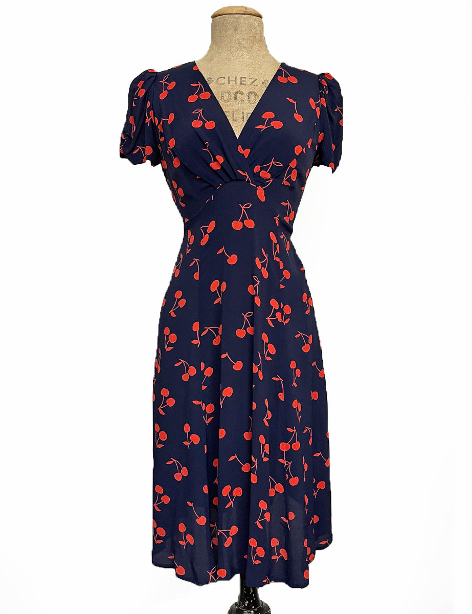 Navy And Red Cherry Print Vintage Inspired Rita Dress Loco Lindo 9439
