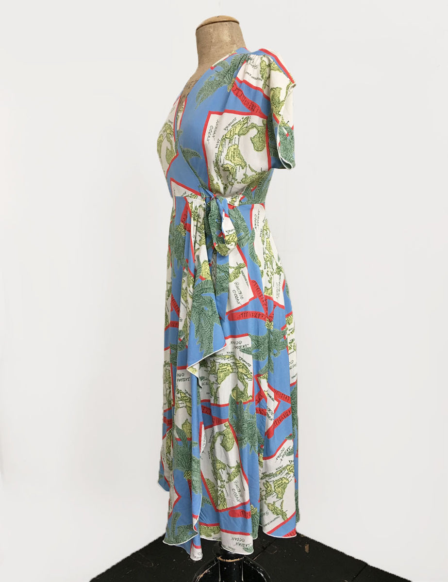 Oceanic Map Print 1940s Style Soft Cascade Wrap Dress Loco Lindo 1499