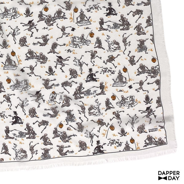 'Kyōsai Skeletons' Silk Scarf (White)