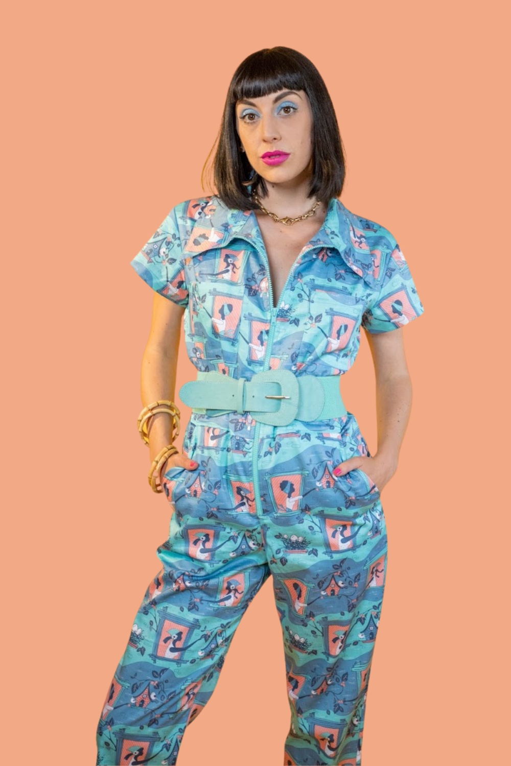 Brownstone Betties Jumpsuit in Aqua & Peach