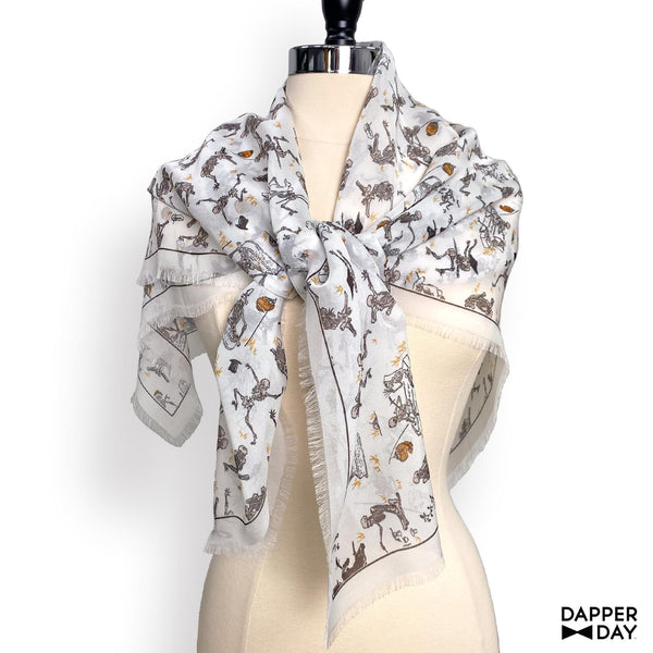 'Kyōsai Skeletons' Silk Scarf (White)