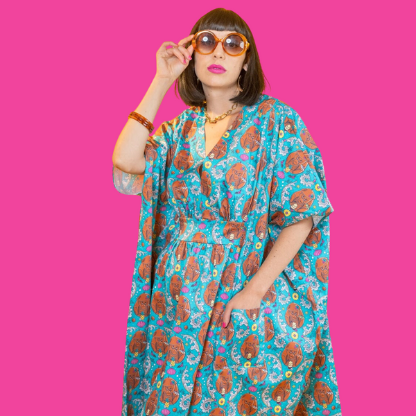 Monkey Business Midi Caftan in Blue Hawaiian