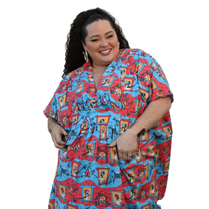 Brownstone Betties Midi Caftan in Red & Blue