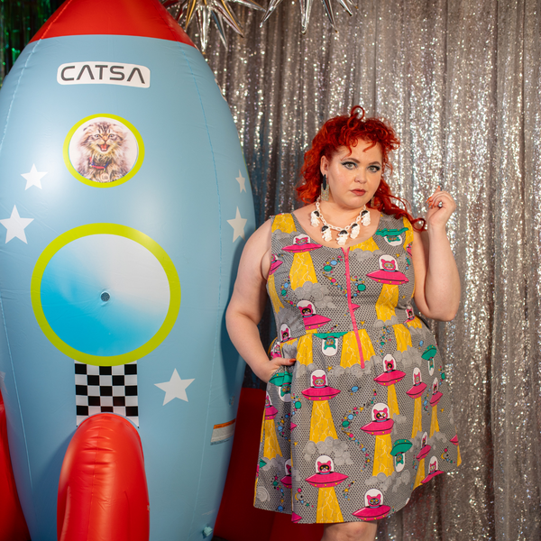 Cats in Space Print Fit & Flare Midi Dress in Asteroid Field