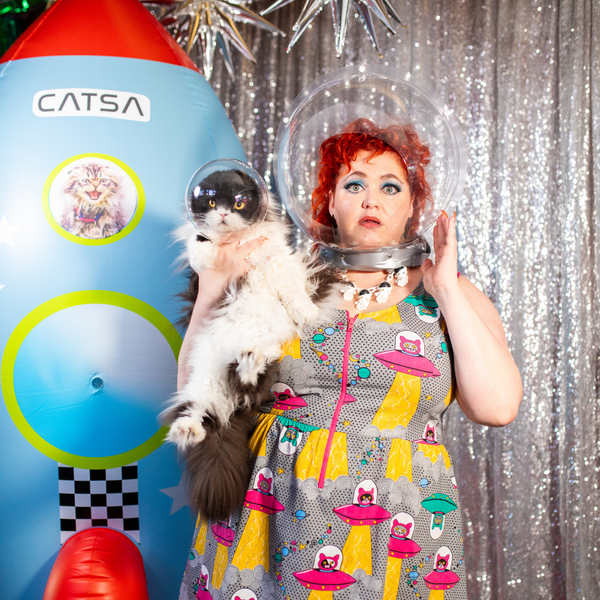 Cats in Space Print Fit & Flare Midi Dress in Asteroid Field