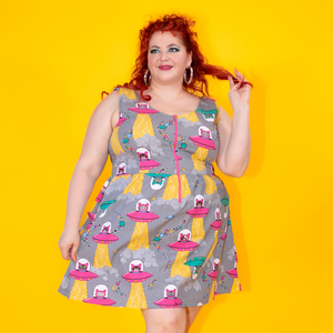 Cats in Space Print Fit & Flare Midi Dress in Asteroid Field