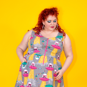 Cats in Space Print Fit & Flare Midi Dress in Asteroid Field