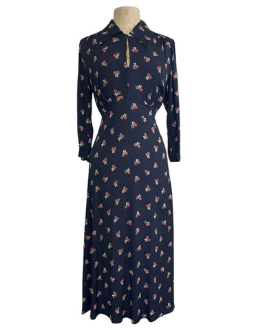 Black Rosebud Floral Sleeved 1940s Eleanor Dress