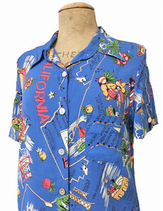 Pacific Blue California Map Print Button Up Boyfriend Camp Shirt – Loco ...