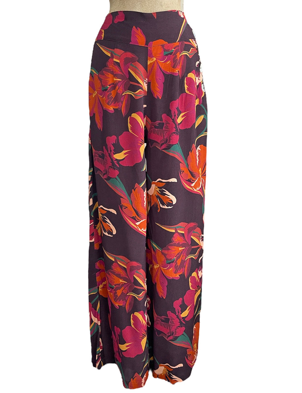 Brown Tropical Floral 1940s High Waisted Palazzo Pants