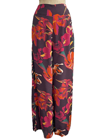 Brown Tropical Floral 1940s High Waisted Palazzo Pants