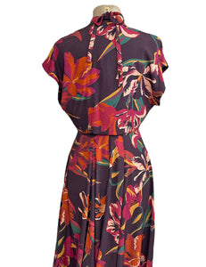 Brown Tropical Floral 1940s Marta Halter Swing Dress