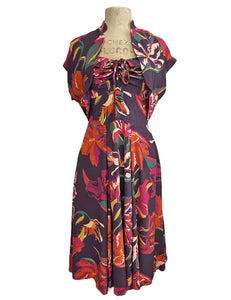 Brown Tropical Floral 1940s Marta Halter Swing Dress