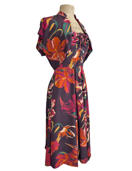 Brown Tropical Floral 1940s Marta Halter Swing Dress