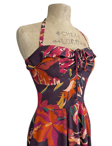 Brown Tropical Floral 1940s Marta Halter Swing Dress