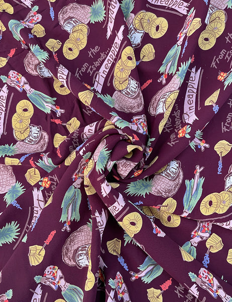 Burgundy Pineapple Princess Print Rayon Crepe Fabric - 1.66 yds