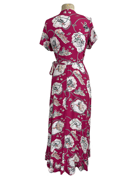 Burgundy Western Print Hi Low Ruffle Maxi Wrap Dress