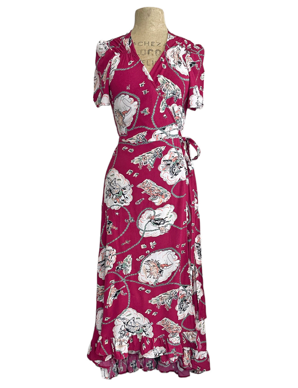 Burgundy Western Print Hi Low Ruffle Maxi Wrap Dress