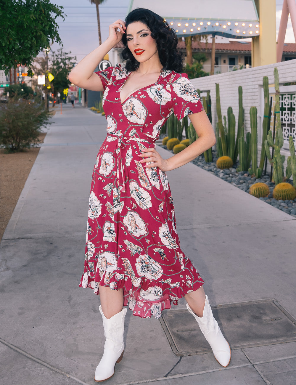 Burgundy Western Print Hi Low Ruffle Maxi Wrap Dress – Loco Lindo