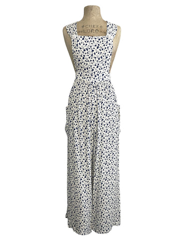 Cream & Navy Ceramic Floral 1940s Rosie Bib Overalls