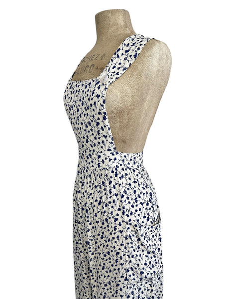 Cream & Navy Ceramic Floral 1940s Rosie Bib Overalls