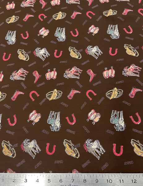 Chocolate Brown Cowboy Charms Rayon Crepe Fabric - 2.33 yds