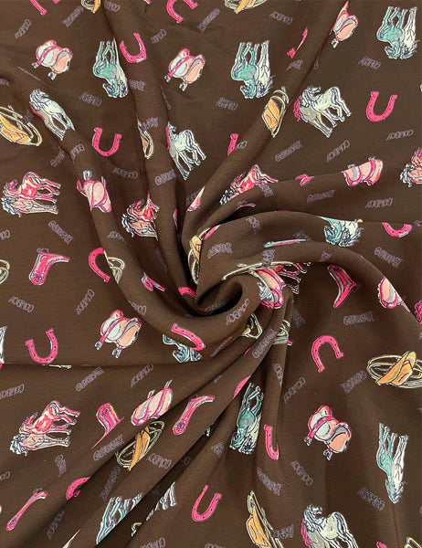 Chocolate Brown Cowboy Charms Rayon Crepe Fabric - 2.33 yds