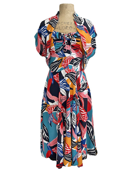 Colorful Tropical Leaves 1940s Marta Halter Swing Dress