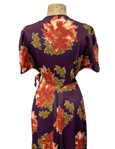 Eggplant & Peach Peony Print Cascade Wrap Dress - Size Large