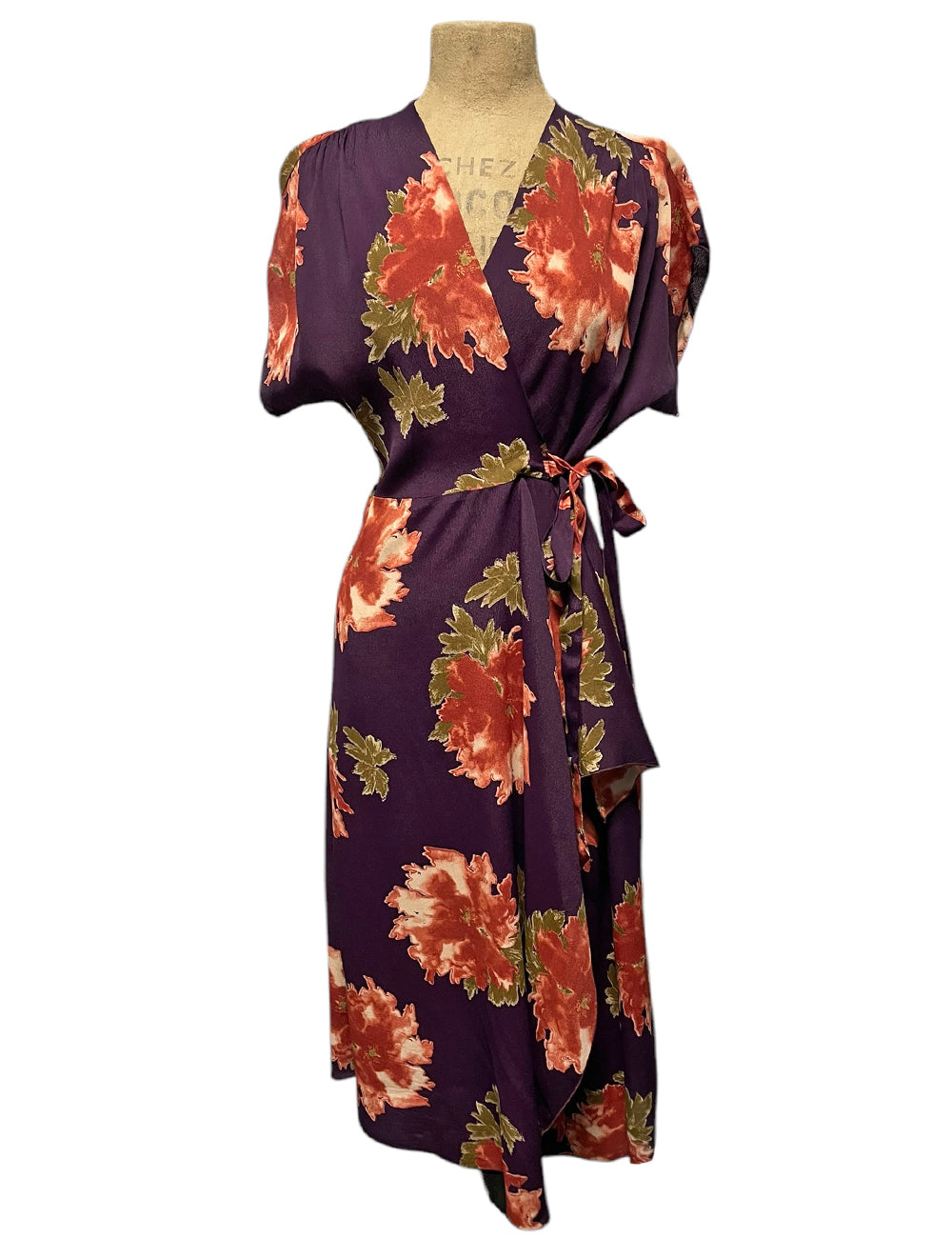 Eggplant & Peach Peony Print Cascade Wrap Dress - Size Large