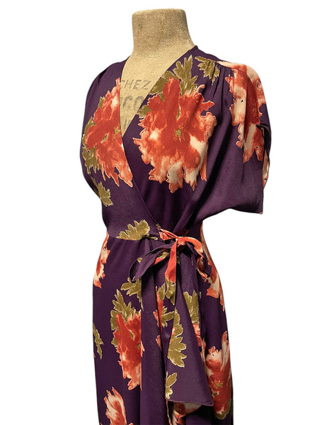 Eggplant & Peach Peony Print Cascade Wrap Dress - Size Large