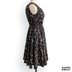 'Kyōsai Skeletons' Cotton Popover Dress (Black)