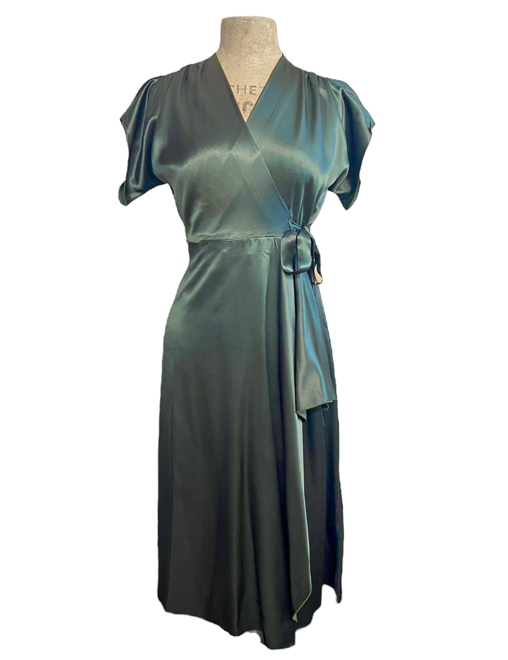 Satin Green Elegant 1940s Style Cascade Wrap Dress