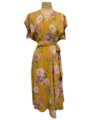 Mustard Yellow Mum Print Cascade Wrap Dress - Size Medium