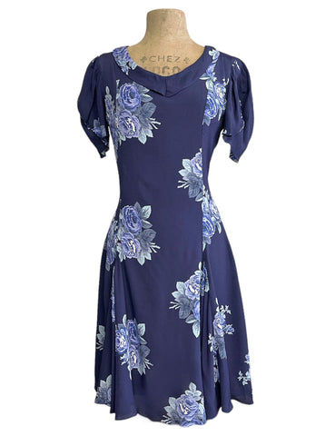 Navy Blue Corsage Floral 1930s Style Venice Beach Swing Dress