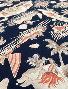 Navy & Coral Hawaiian Print Rayon Crepe Fabric - 2.66 yds