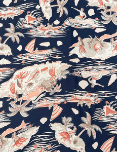 Navy & Coral Hawaiian Print Rayon Crepe Fabric - 2.66 yds