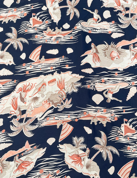 Navy & Coral Hawaiian Print Rayon Crepe Fabric - 2.66 yds