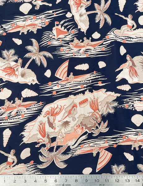 Navy & Coral Hawaiian Print Rayon Crepe Fabric - 2.66 yds