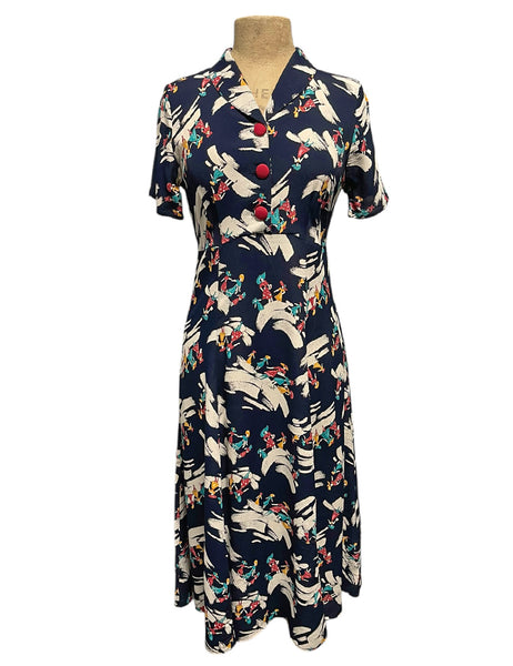 Navy Dapper Ladies Tea Length Vintage Day Dress - Size Small