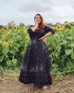 Raquel 3/4 Sleeve Black Maxi Star Clusters dress