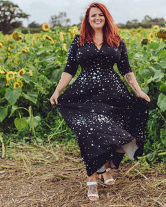 Raquel 3/4 Sleeve Black Maxi Star Clusters dress