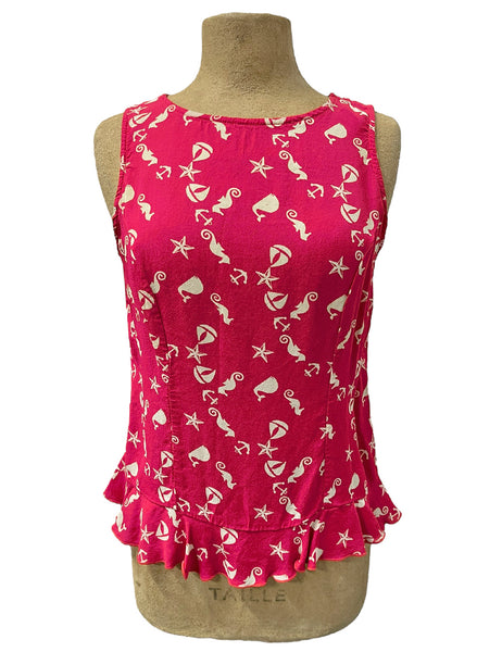 Pink Nautical Print Sleeveless Ruffle Blouse Sample