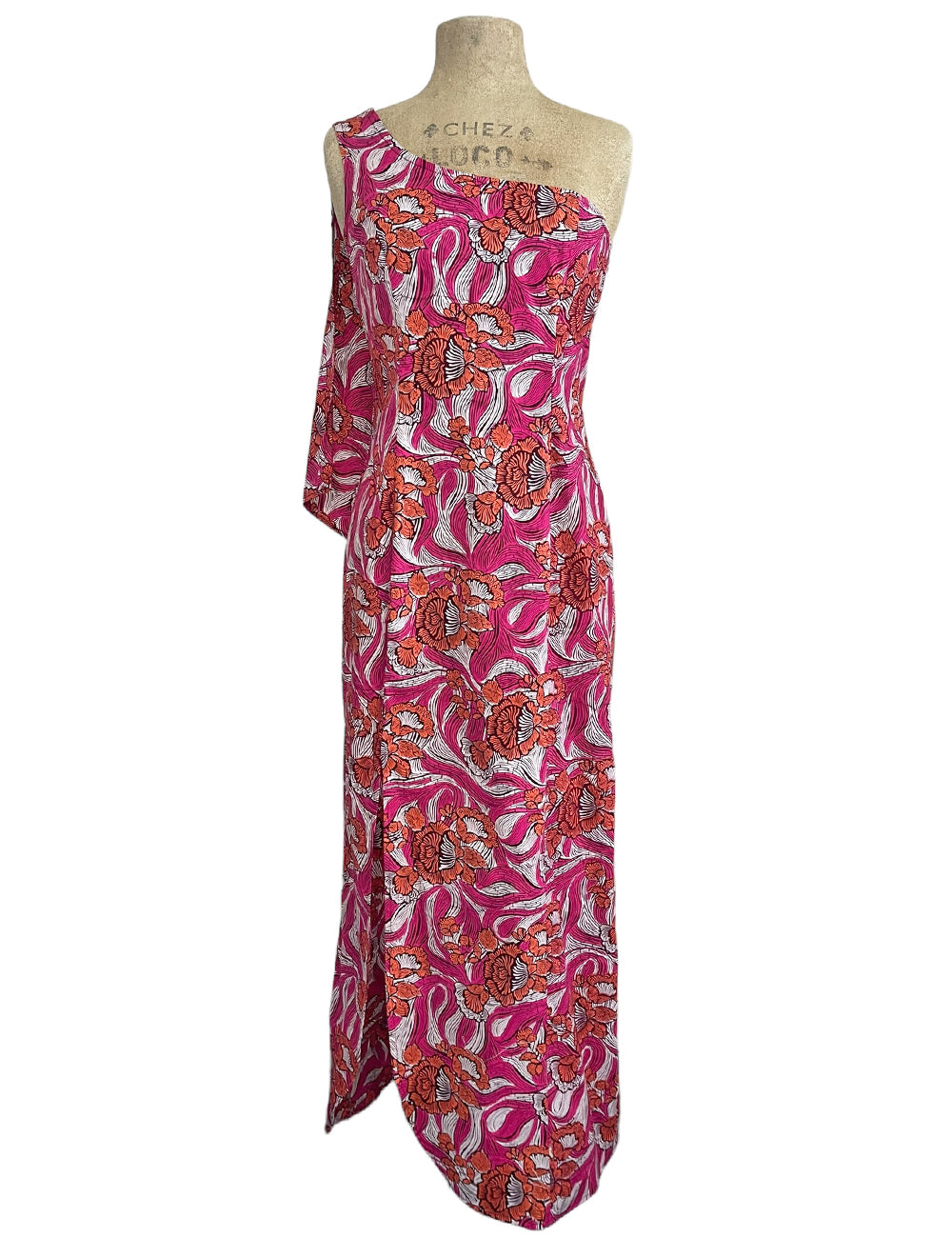 Pink & Orange Tiki Floral Print One Shoulder Luau Dress