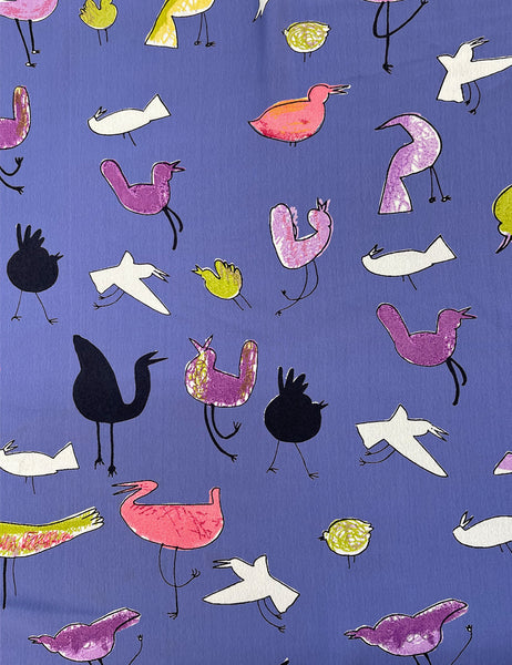 Purple Retro Birds Print Rayon Crepe Fabric - 1.33 yds