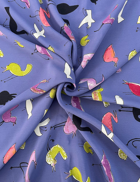 Purple Retro Birds Print Rayon Crepe Fabric - 1.33 yds