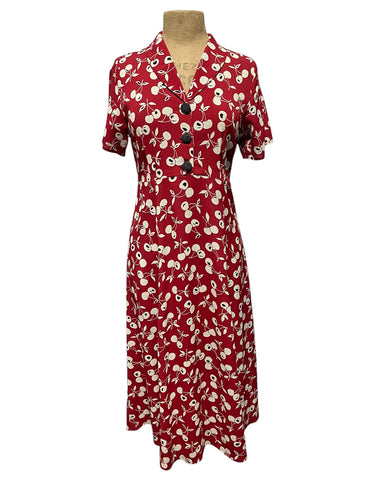 Red Retro Cherry Print Tea Length Vintage Dress - Size Medium