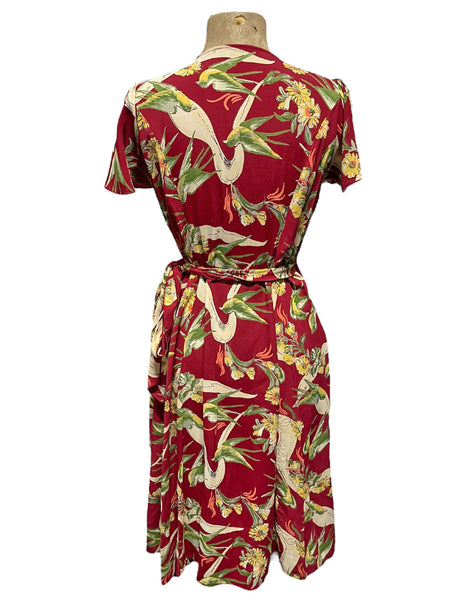 Red Swallow Print Biasa Wrap Dress - Size Medium